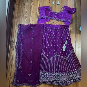 Purple Lahenga Set with Dupatta and Matching Earrings